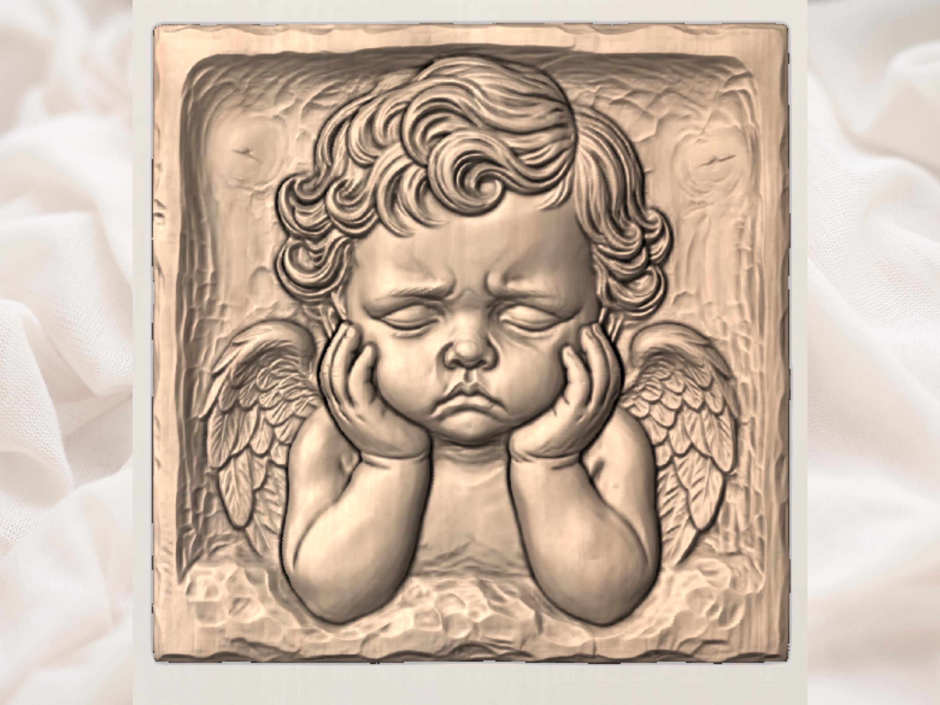 Sleeping Cherub Resting on Hands Bas-Relief STL Carving bas-relief STL — view 2