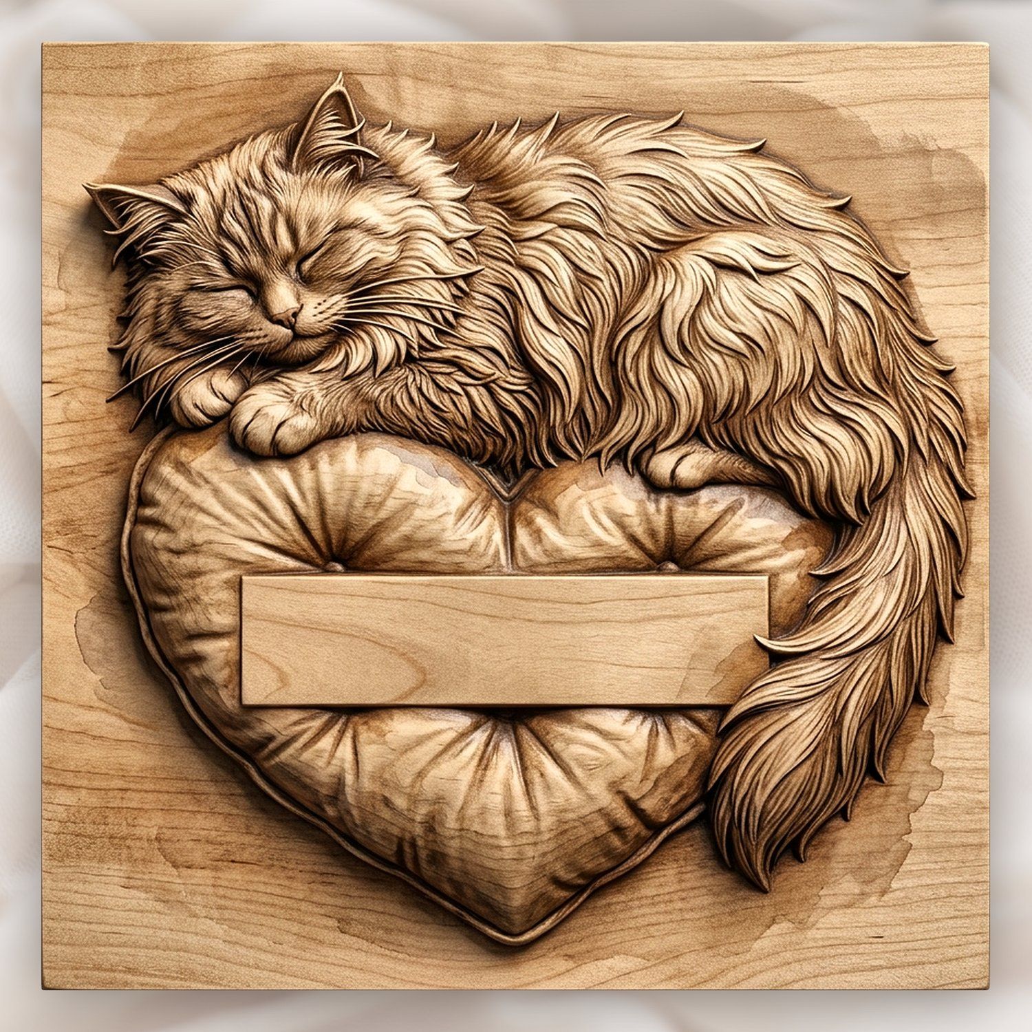 Sleeping Fluffy Cat on Heart Pillow CNC Relief STL bas-relief STL design