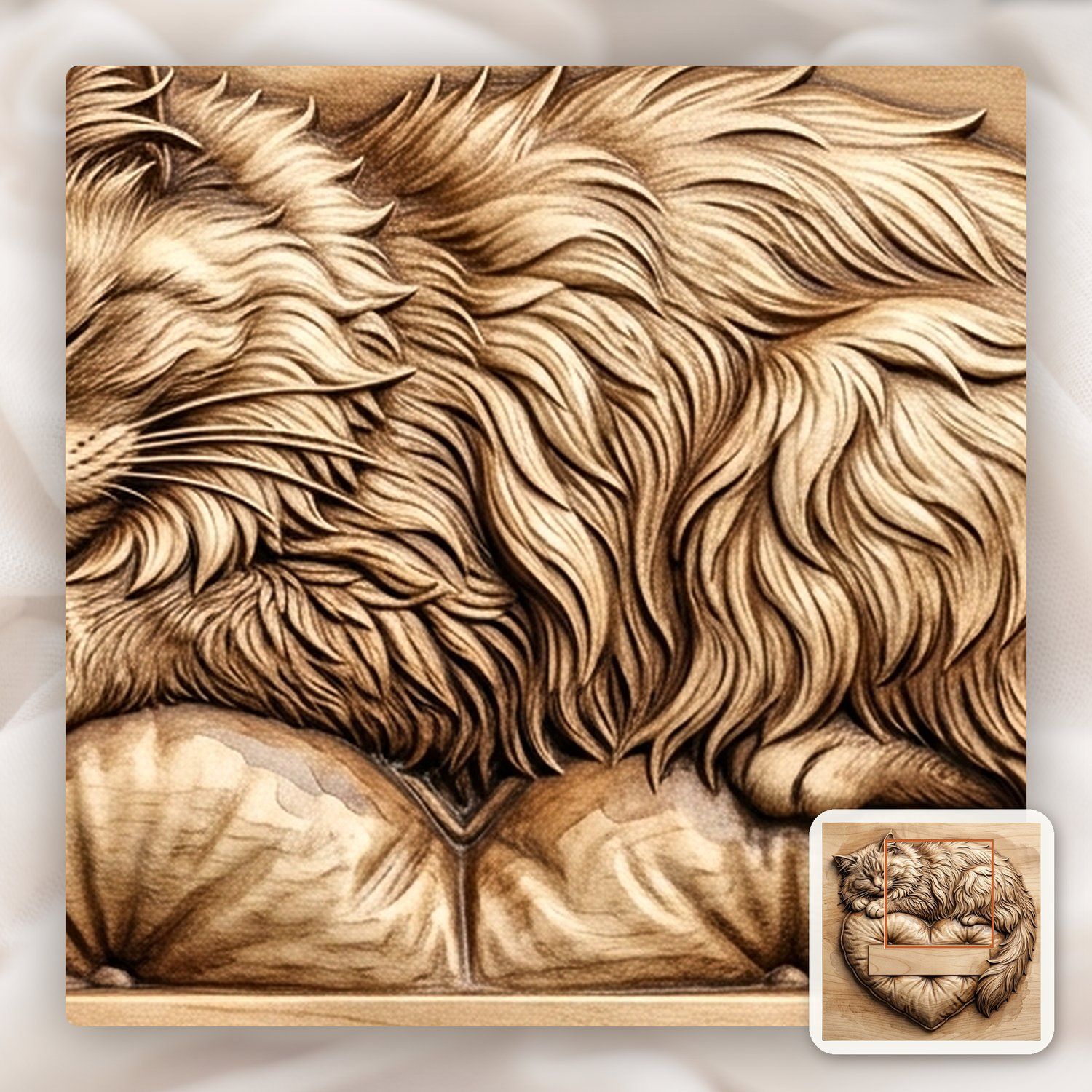 Sleeping Fluffy Cat on Heart Pillow CNC Relief STL bas-relief STL — view 11