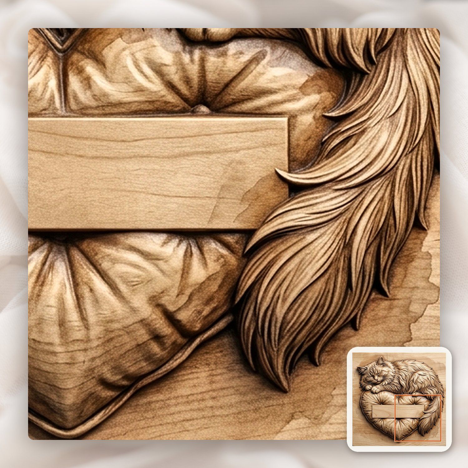 Sleeping Fluffy Cat on Heart Pillow CNC Relief STL bas-relief STL — view 12