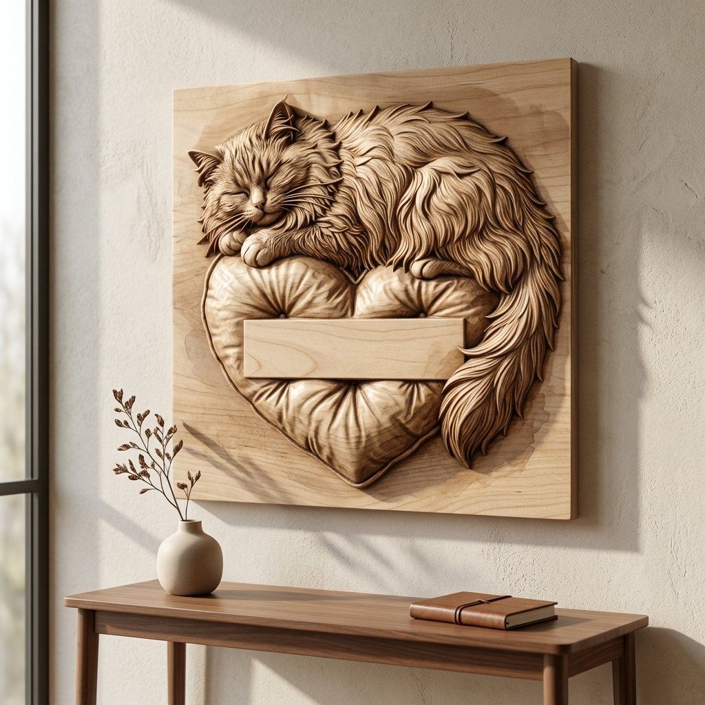 Sleeping Fluffy Cat on Heart Pillow CNC Relief STL bas-relief STL — view 13