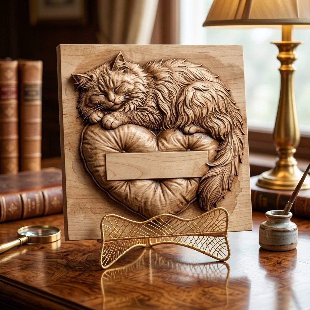 Sleeping Fluffy Cat on Heart Pillow CNC Relief STL bas-relief STL — view 3