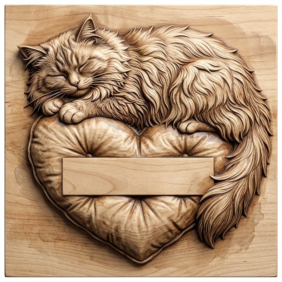 Sleeping Fluffy Cat on Heart Pillow CNC Relief STL bas-relief STL — view 14