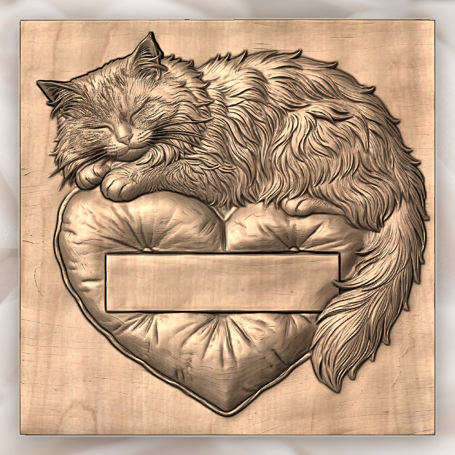 Sleeping Fluffy Cat on Heart Pillow CNC Relief STL bas-relief STL — view 4