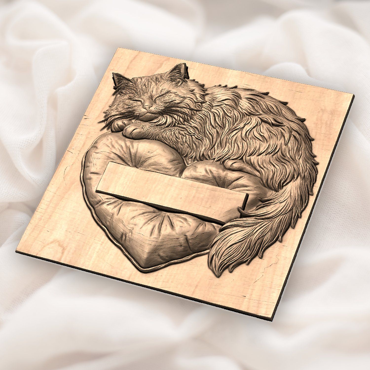 Sleeping Fluffy Cat on Heart Pillow CNC Relief STL bas-relief STL — view 5