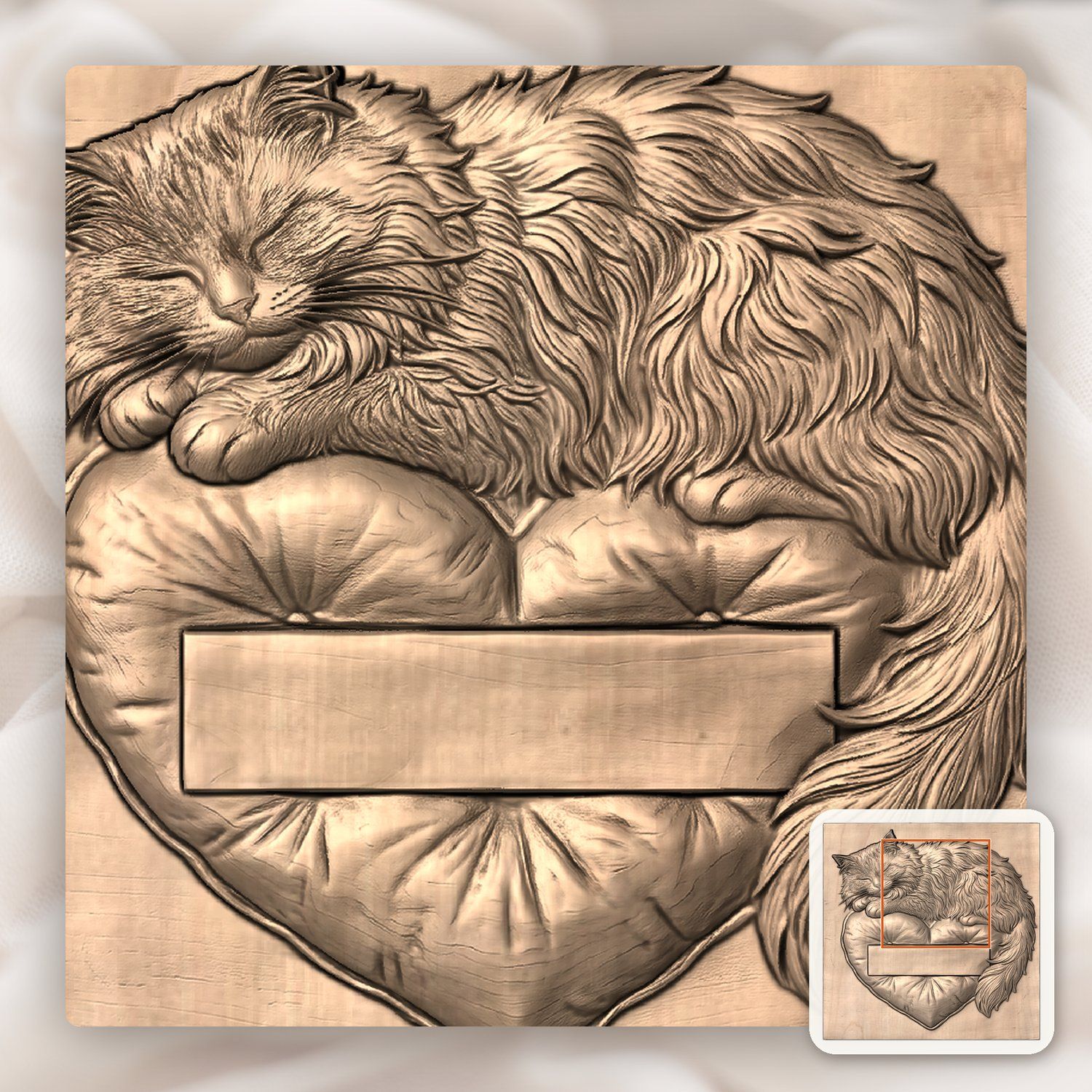Sleeping Fluffy Cat on Heart Pillow CNC Relief STL bas-relief STL — view 6