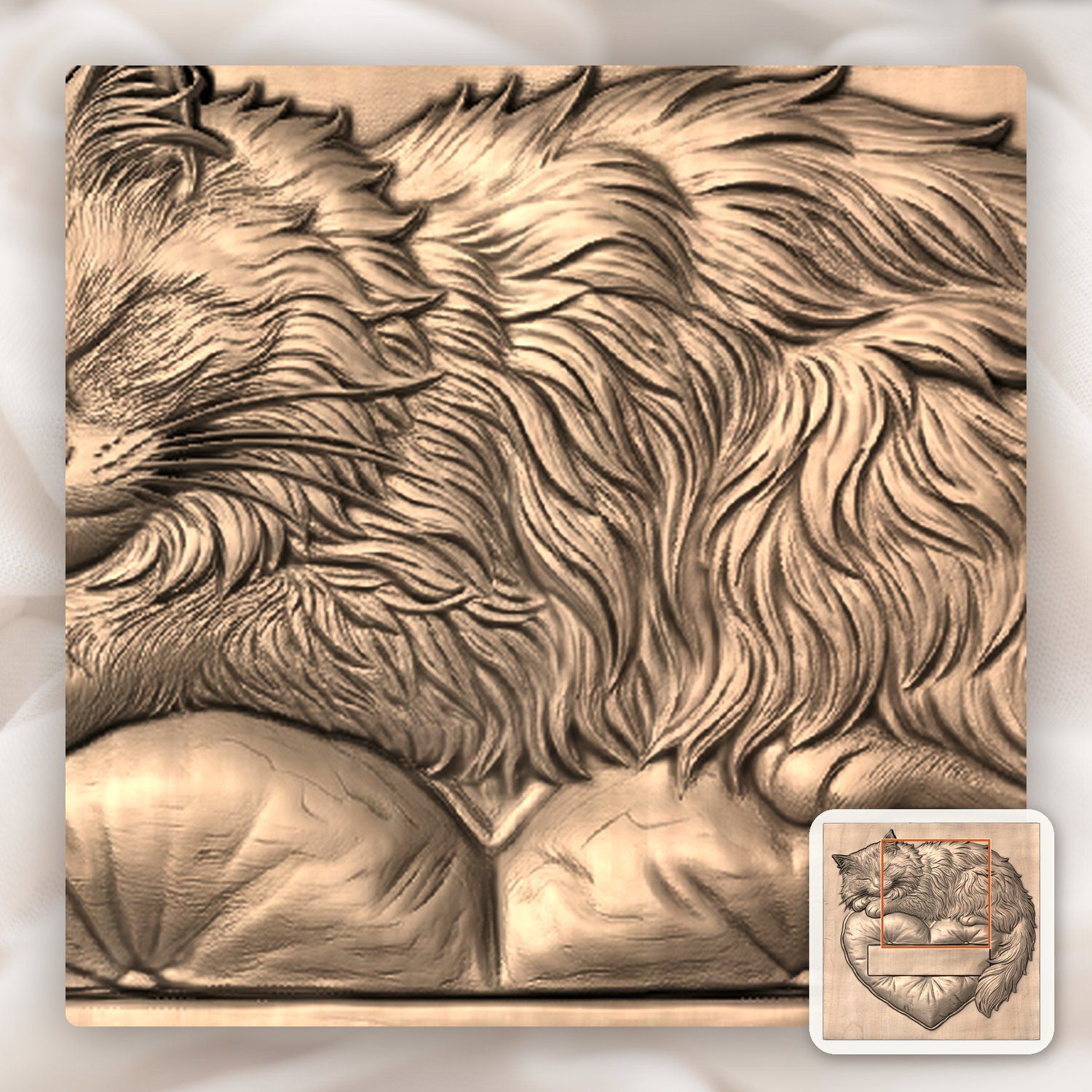 Sleeping Fluffy Cat on Heart Pillow CNC Relief STL bas-relief STL — view 7