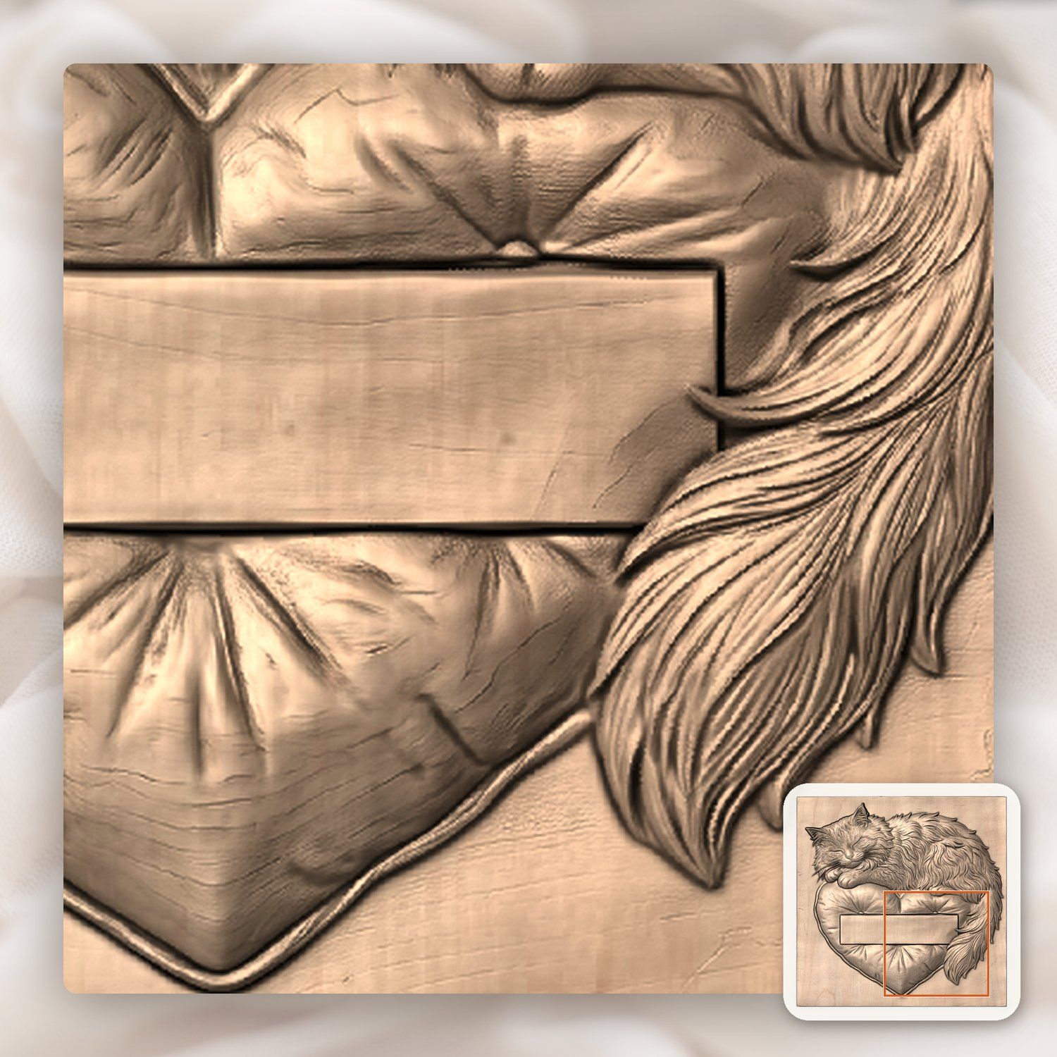 Sleeping Fluffy Cat on Heart Pillow CNC Relief STL bas-relief STL — view 8