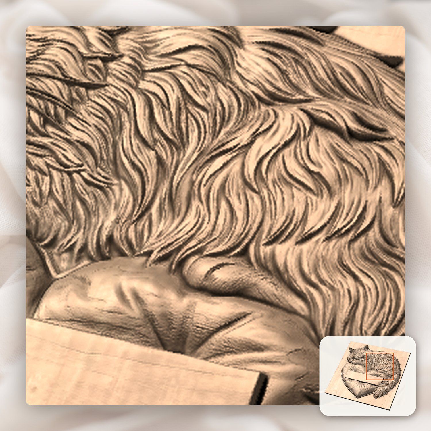Sleeping Fluffy Cat on Heart Pillow CNC Relief STL bas-relief STL — view 9
