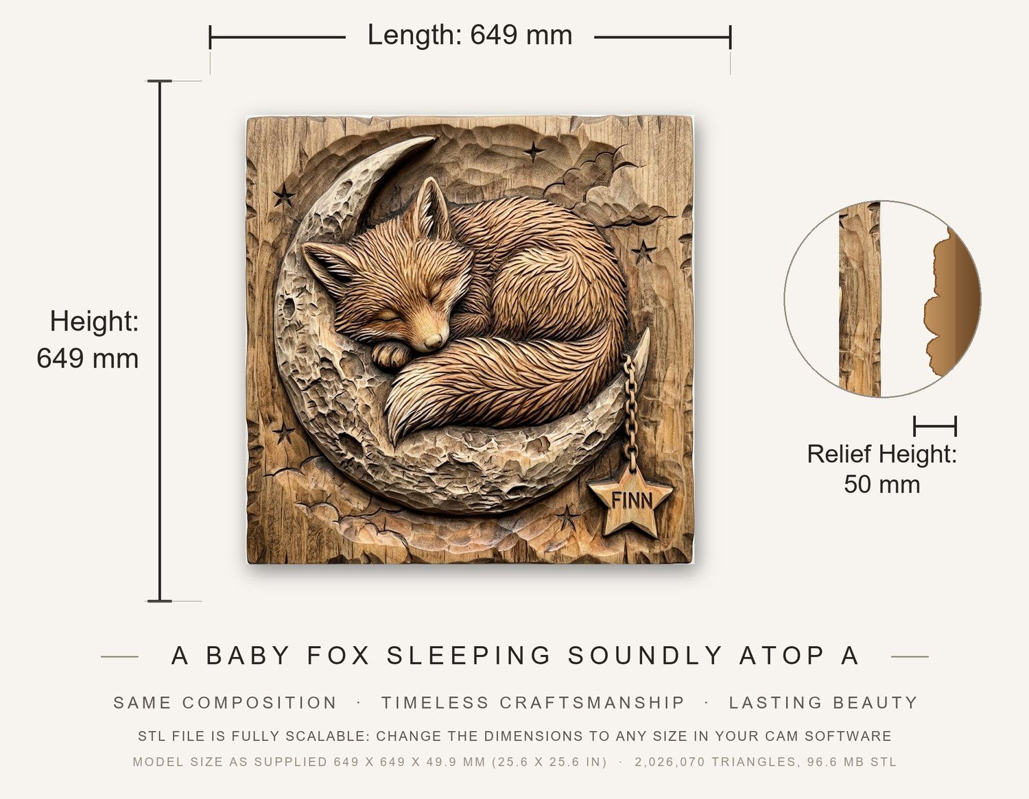 Sleeping Fox Moon Nursery Decor CNC Relief STL bas-relief STL — view 3