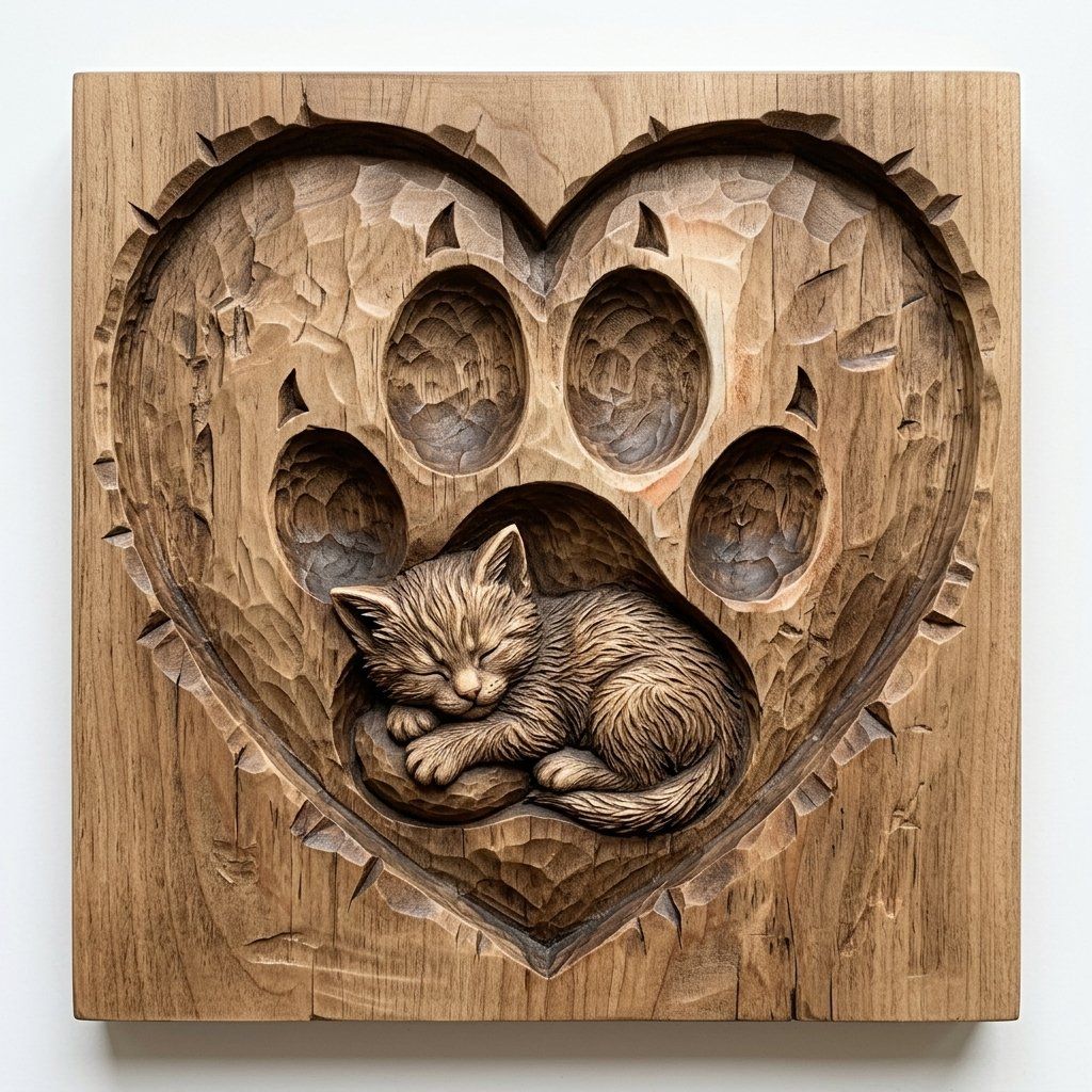 Sleeping Kitten Heart Paw Print CNC Relief STL | Pet Memorial Wood Carving | Cat Lover Wall Art Design — carved bas relief STL file for CNC