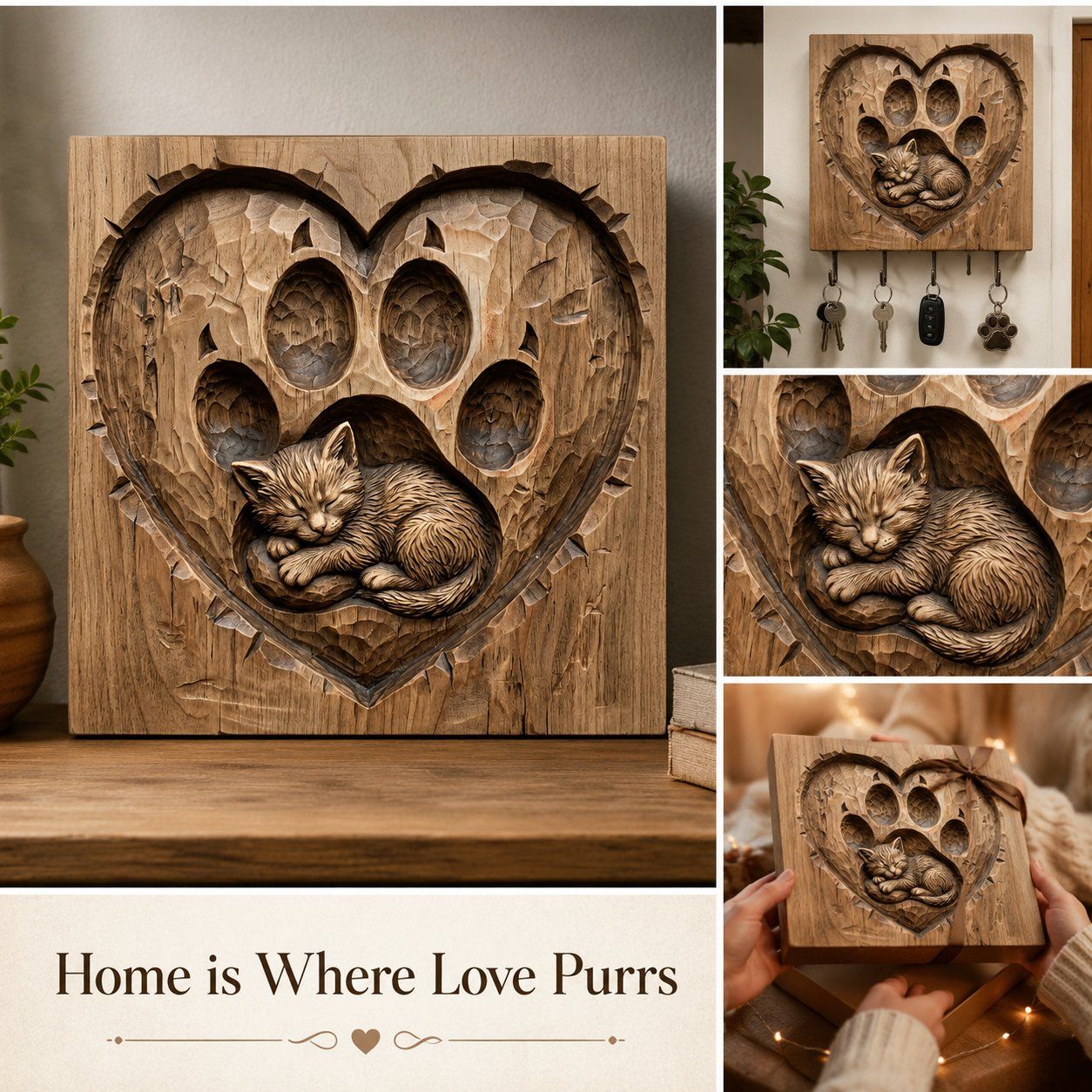 Sleeping Kitten Heart Paw Print CNC Relief STL bas-relief STL — view 10