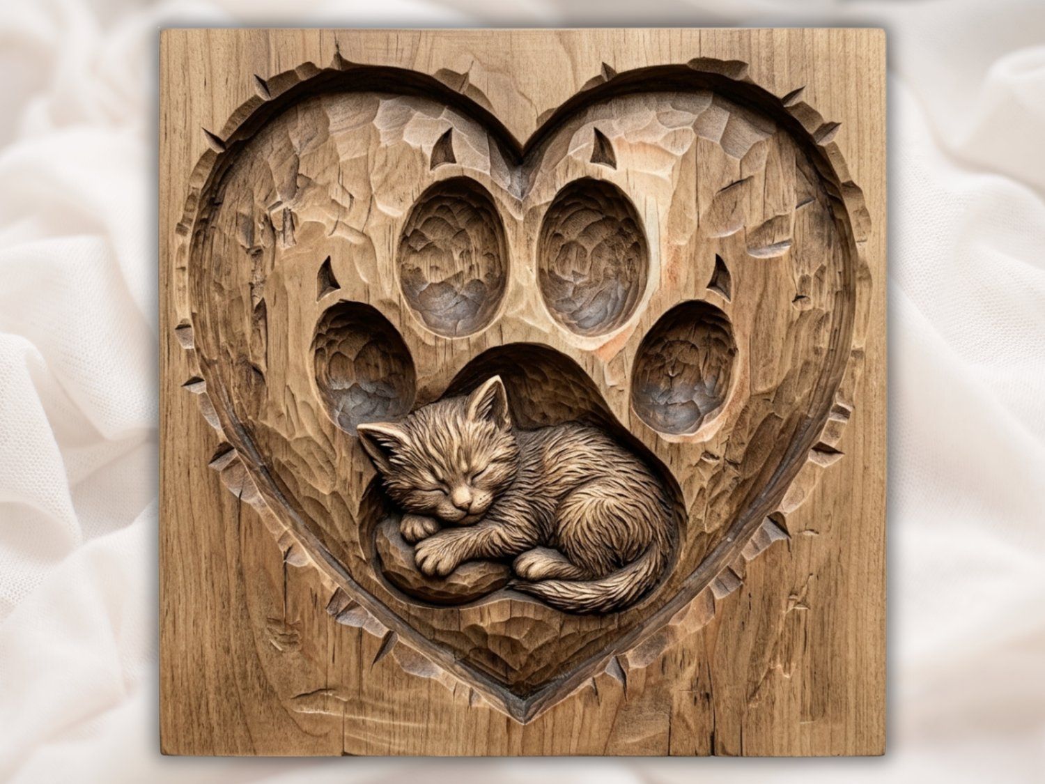 Sleeping Kitten Heart Paw Print CNC Relief STL bas-relief STL — view 2