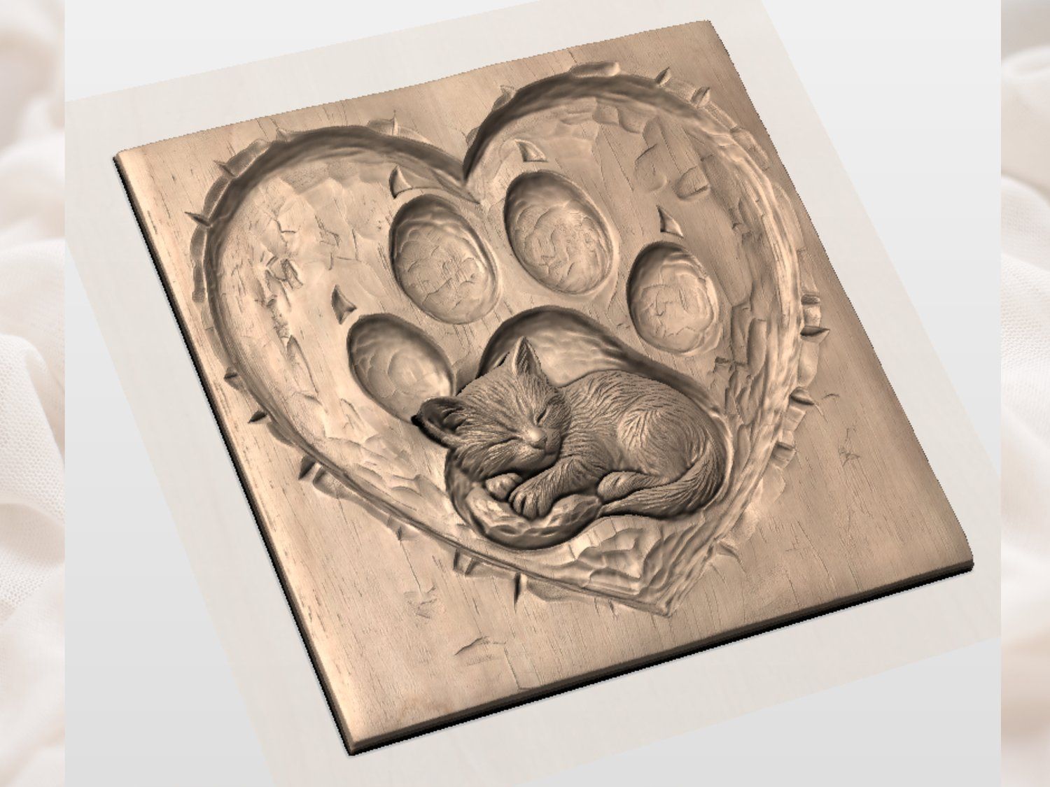 Sleeping Kitten Heart Paw Print CNC Relief STL bas-relief STL — view 3