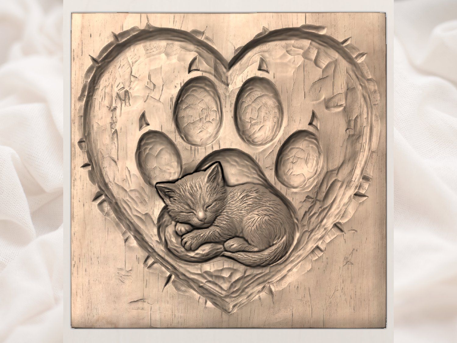 Sleeping Kitten Heart Paw Print CNC Relief STL bas-relief STL — view 4