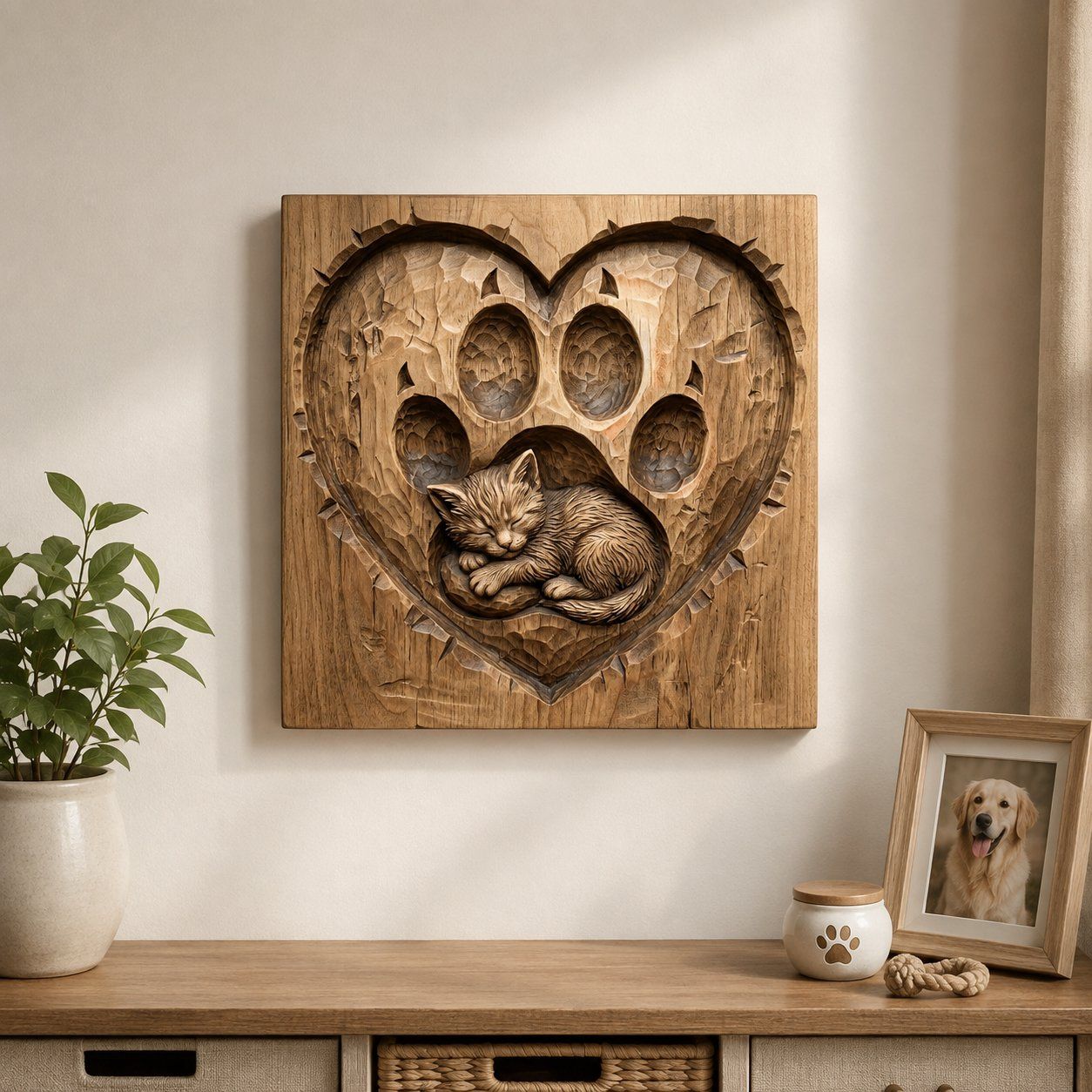 Sleeping Kitten Heart Paw Print CNC Relief STL bas-relief STL — view 6