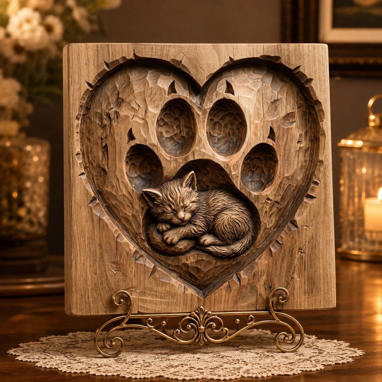 Sleeping Kitten Heart Paw Print CNC Relief STL bas-relief STL — view 7