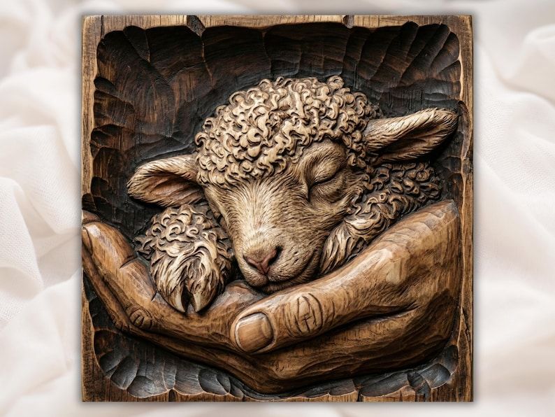 Carved wood bas-relief of a sleeping lamb with curly wool resting in two cupped hands