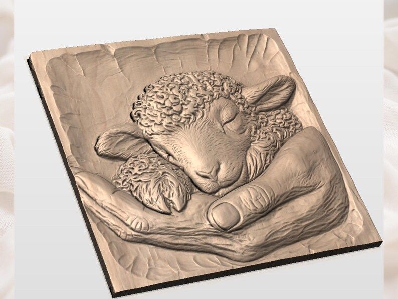 Sleeping Lamb Cradled in Gentle Hands Bas-Relief STL bas-relief STL — view 2