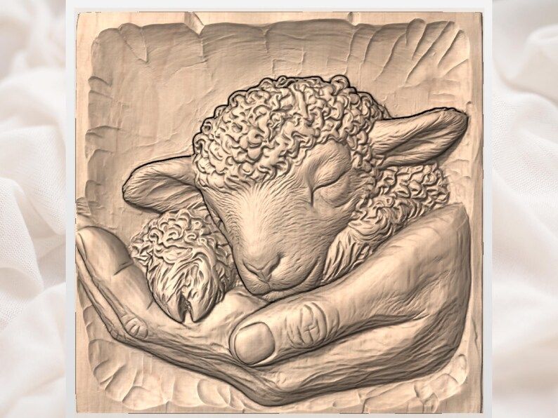 Sleeping Lamb Cradled in Gentle Hands Bas-Relief STL bas-relief STL — view 3