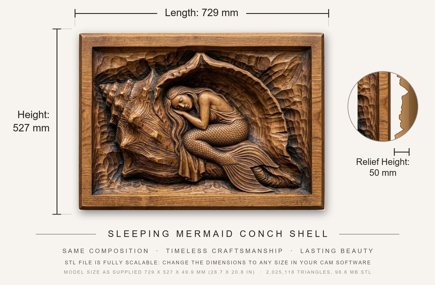 Sleeping Mermaid Conch Shell CNC Relief STL bas-relief STL — view 3