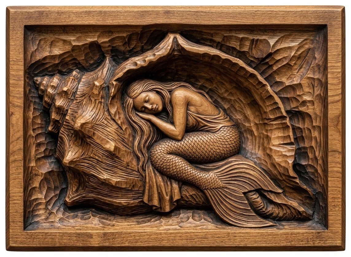 Sleeping Mermaid Conch Shell CNC Relief STL bas-relief STL — view 4