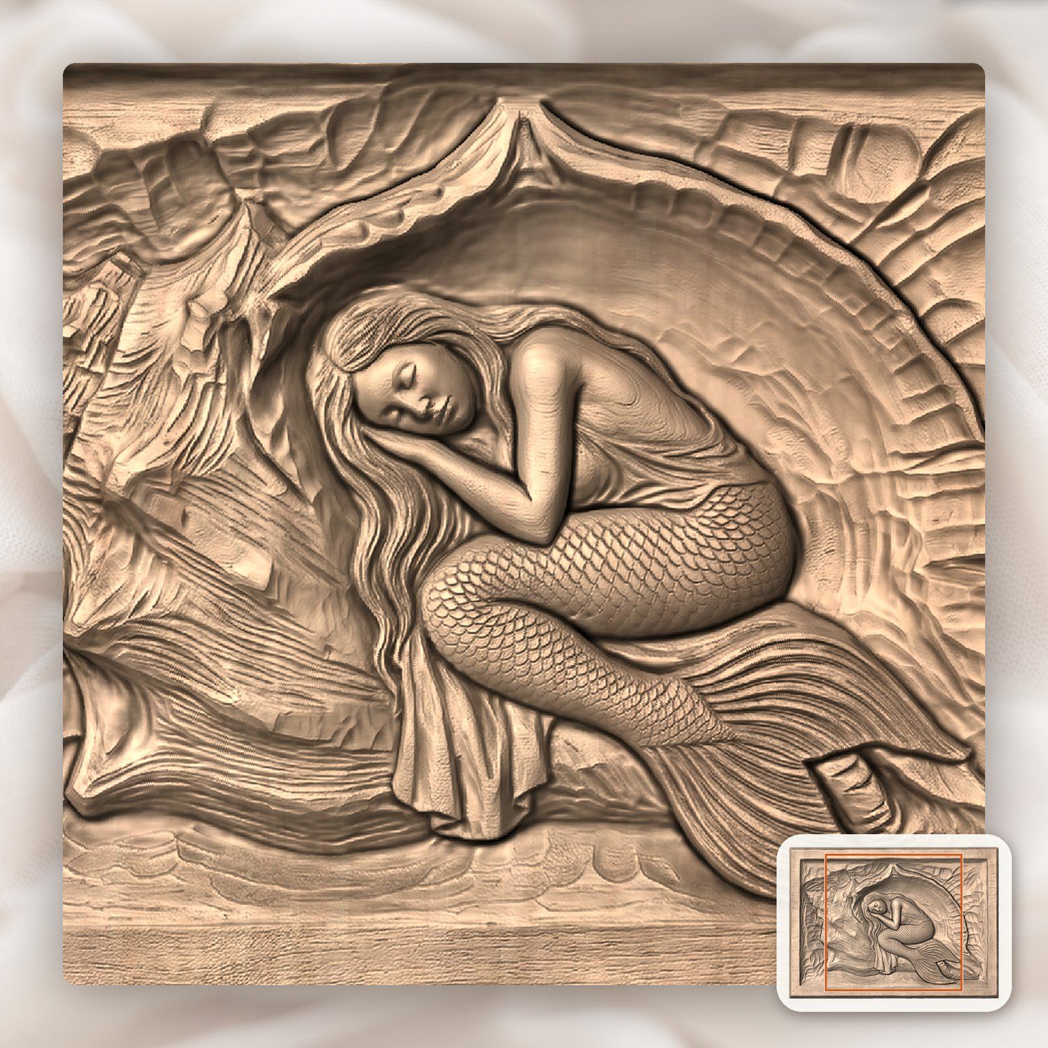 Sleeping Mermaid Conch Shell CNC Relief STL bas-relief STL — view 7