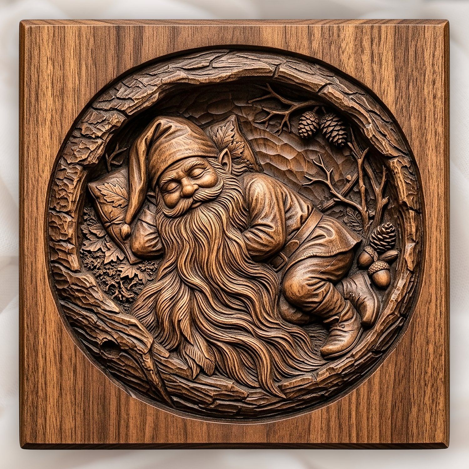 Sleeping Woodland Gnome in Hollowed Log CNC Relief STL bas-relief STL design