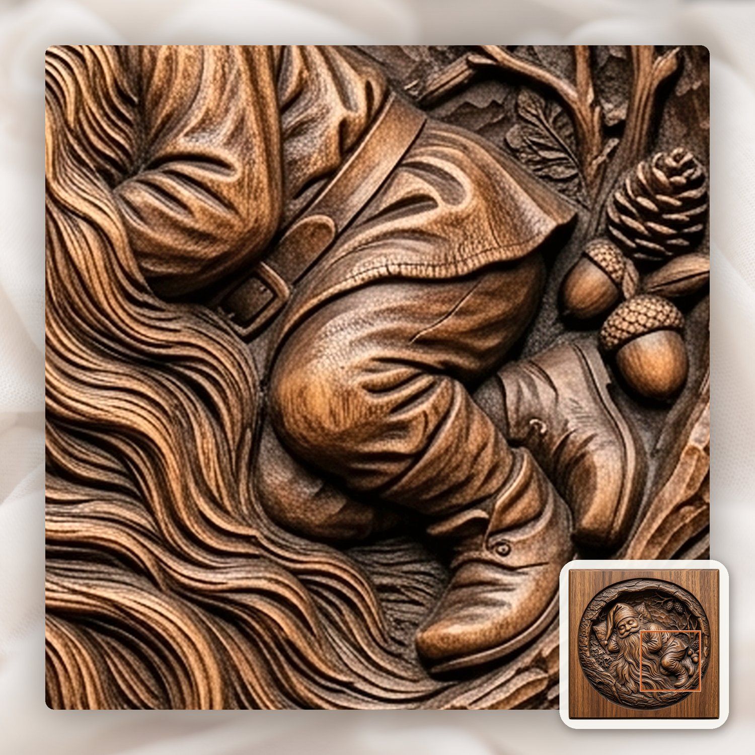 Sleeping Woodland Gnome in Hollowed Log CNC Relief STL bas-relief STL — view 12