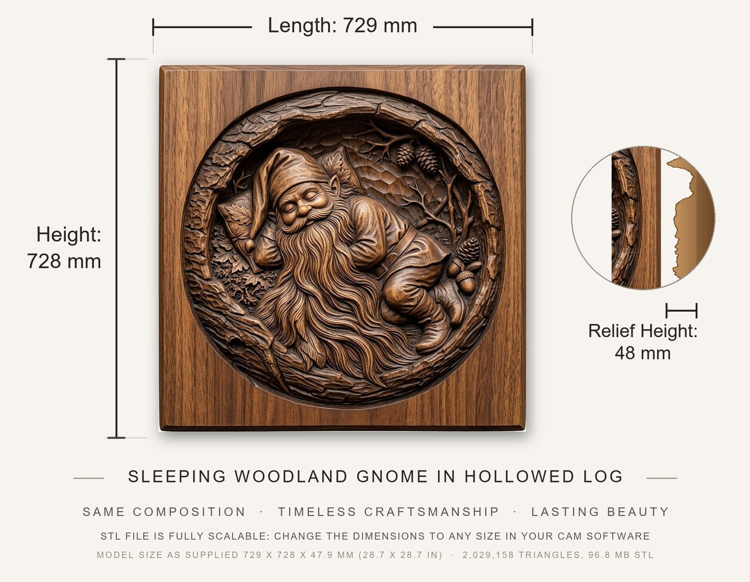 Sleeping Woodland Gnome in Hollowed Log CNC Relief STL bas-relief STL — view 3
