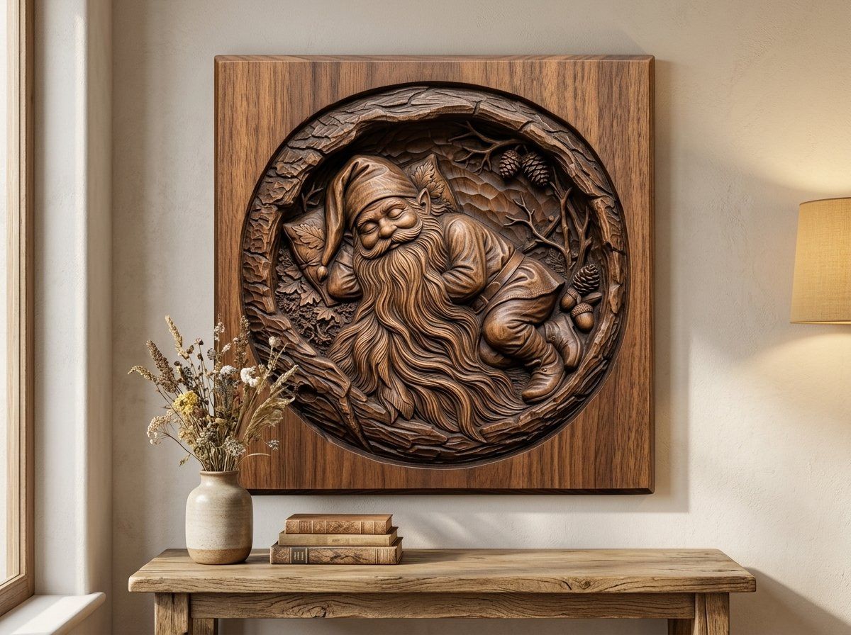 Sleeping Woodland Gnome in Hollowed Log CNC Relief STL bas-relief STL — view 13