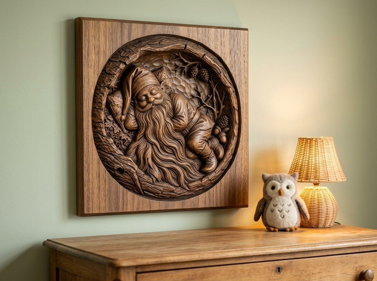 Sleeping Woodland Gnome in Hollowed Log CNC Relief STL bas-relief STL — view 14