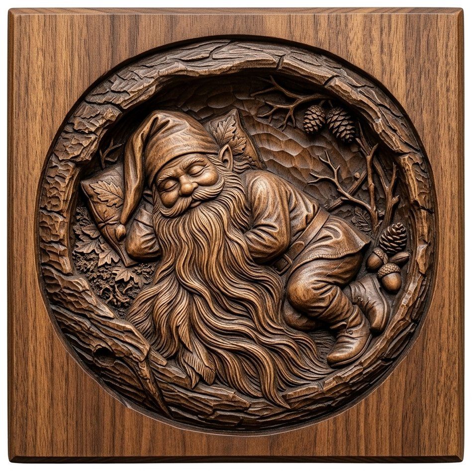 Sleeping Woodland Gnome in Hollowed Log CNC Relief STL bas-relief STL — view 4