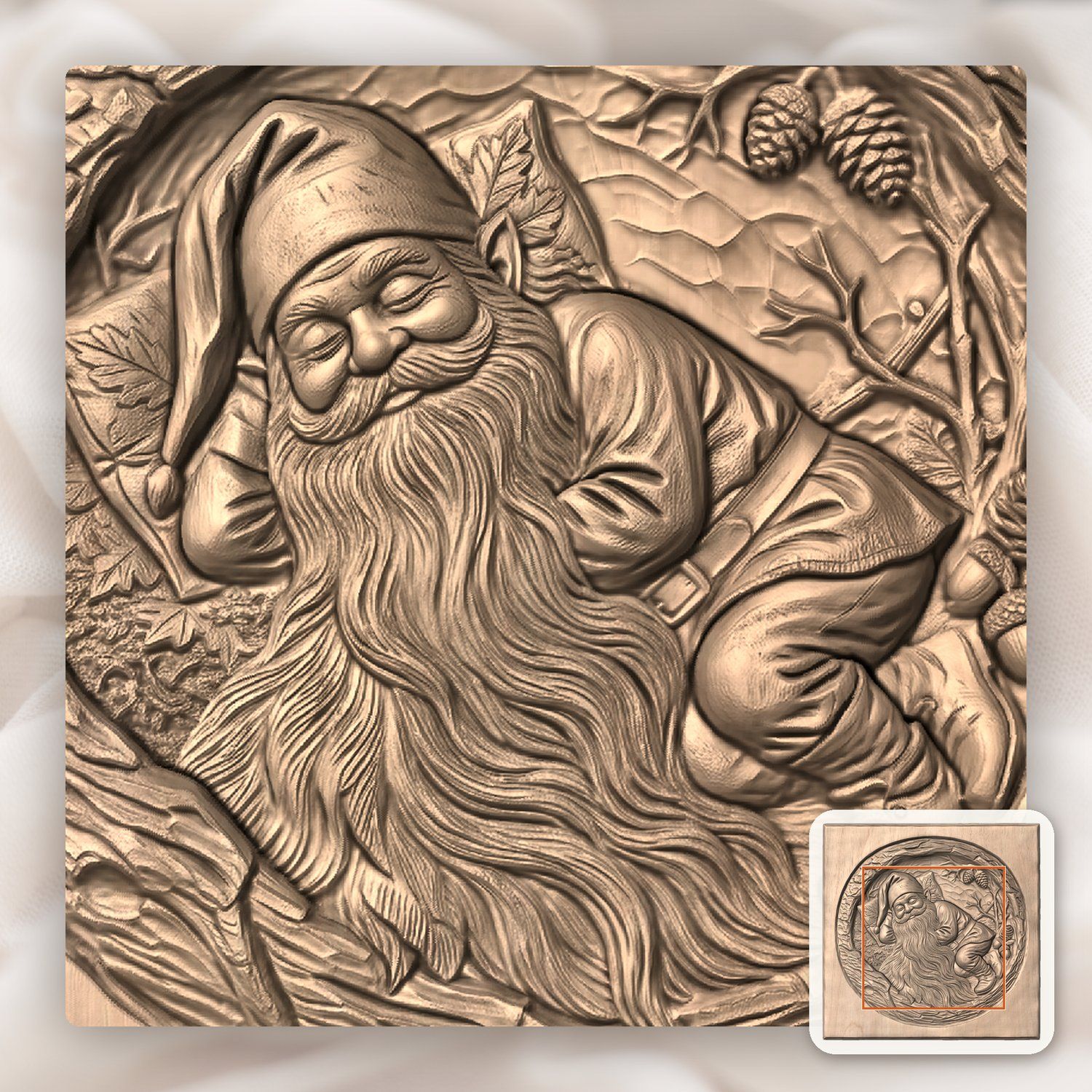 Sleeping Woodland Gnome in Hollowed Log CNC Relief STL bas-relief STL — view 7