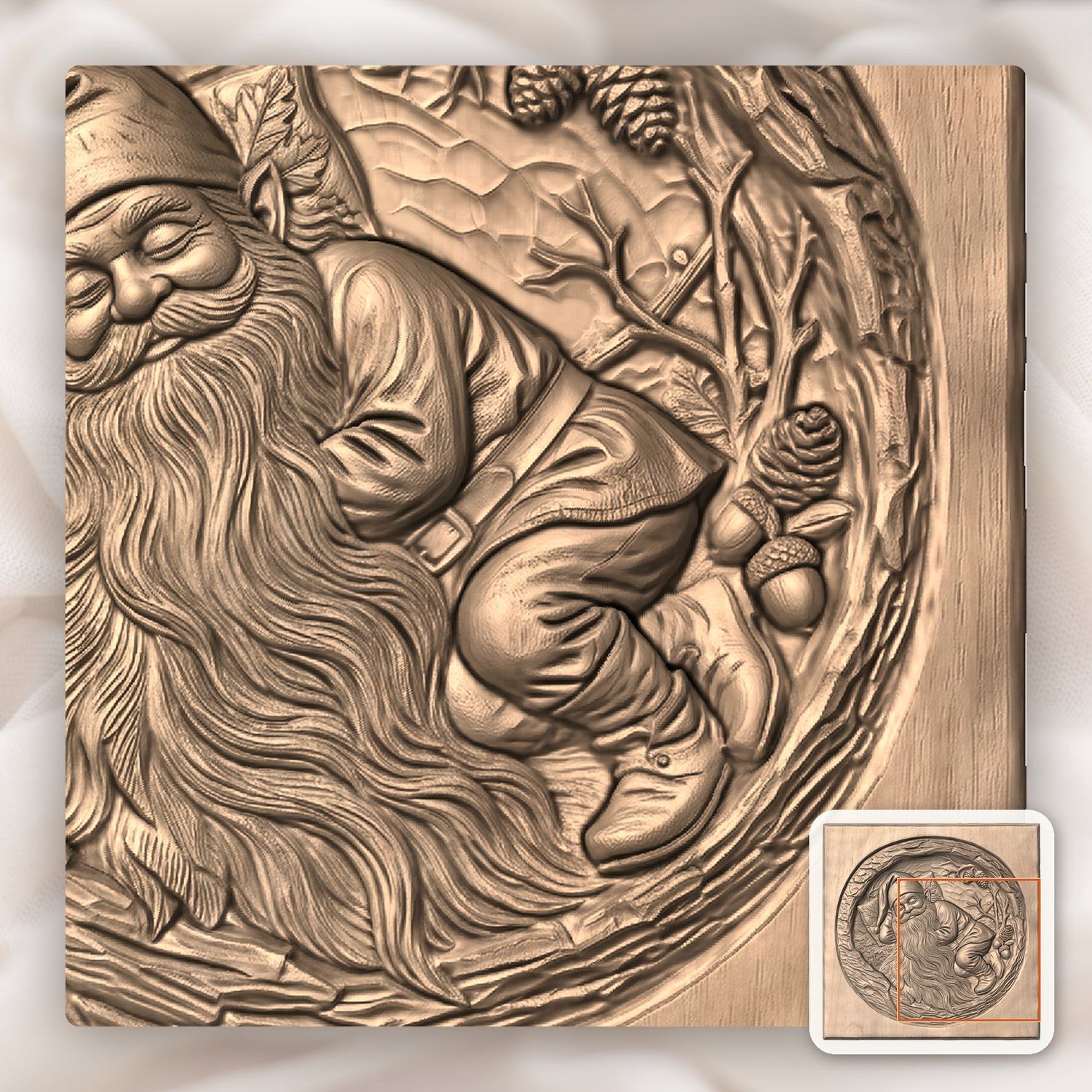 Sleeping Woodland Gnome in Hollowed Log CNC Relief STL bas-relief STL — view 9