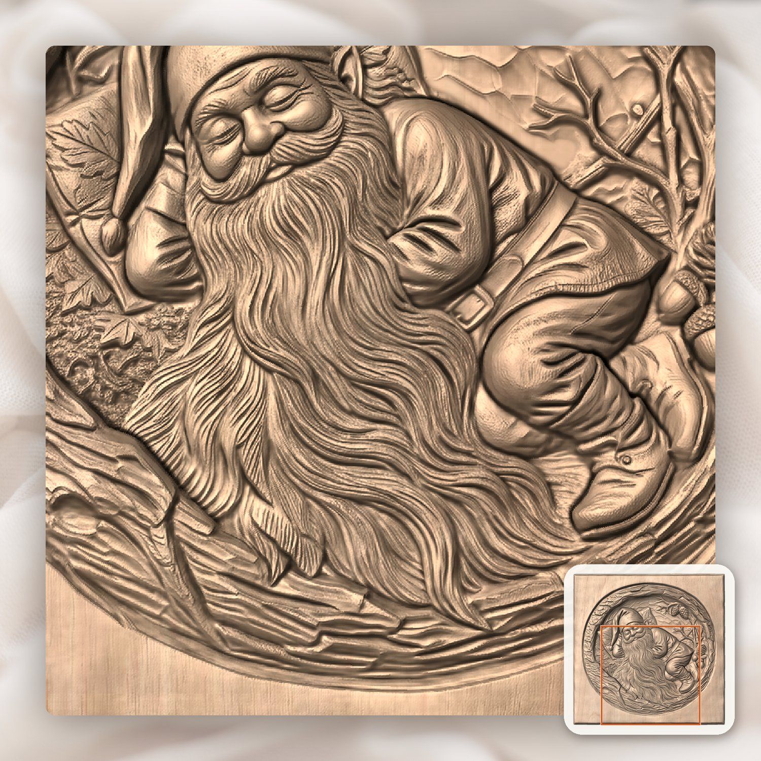 Sleeping Woodland Gnome in Hollowed Log CNC Relief STL bas-relief STL — view 10