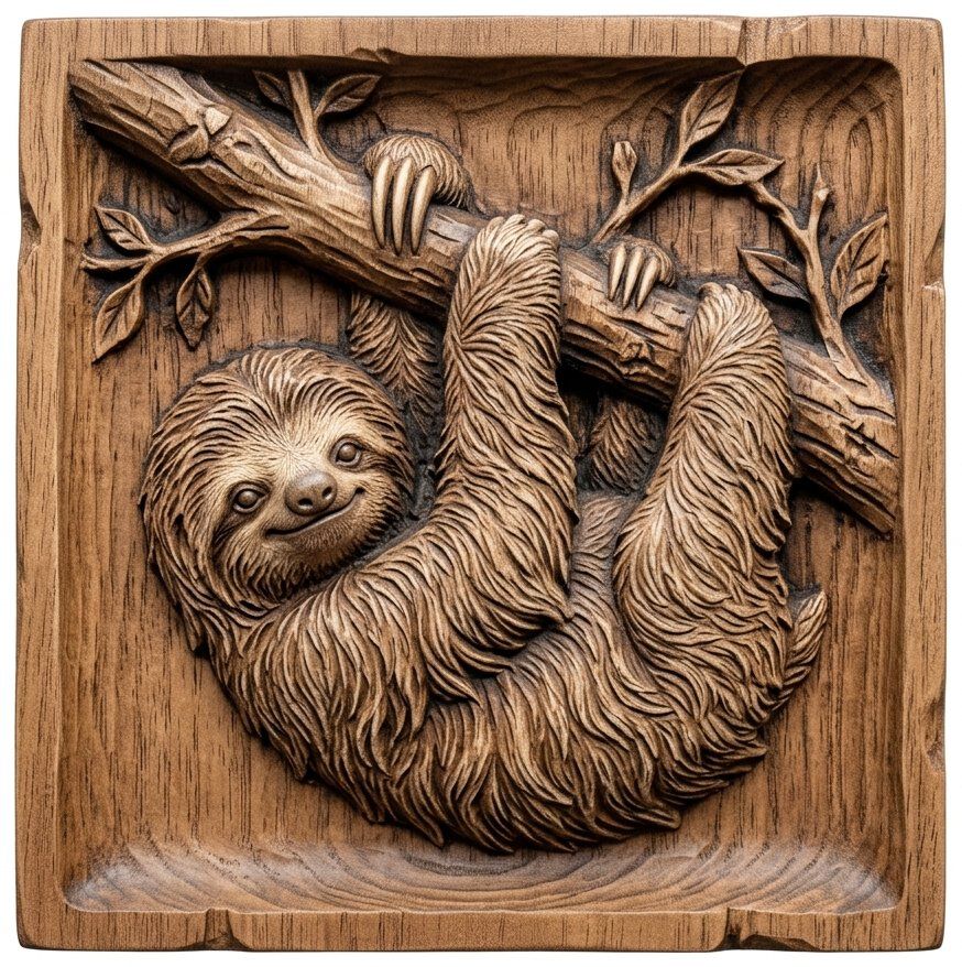Sloth Hanging Wildlife Nature Scene CNC Relief STL | Animal Wood Carving Design | Rainforest Wall Art Panel — carved bas relief STL file for CNC