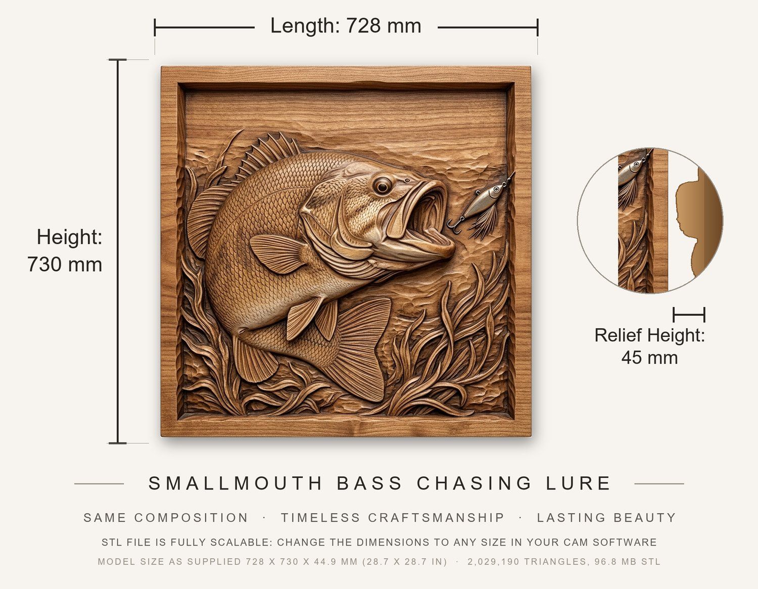 Smallmouth Bass Chasing Lure CNC Relief STL bas-relief STL — view 3