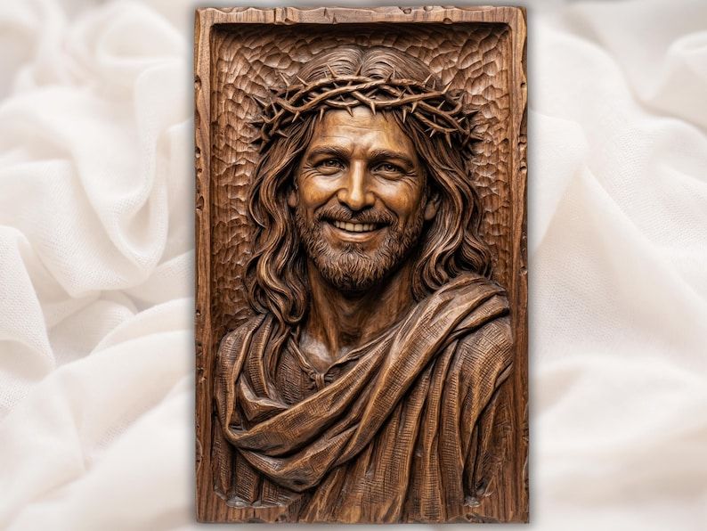 Carved wood relief of a smiling Jesus wearing a crown of thorns with flowing hair, beard, and robe