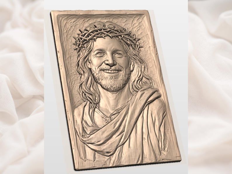 Smiling Jesus Relief with Crown of Thorns STL Carving bas-relief STL — view 2