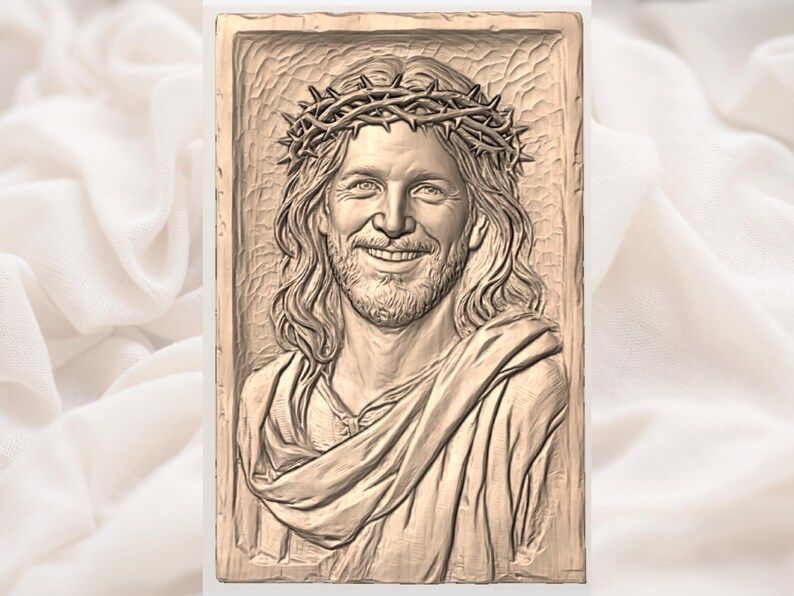 Smiling Jesus Relief with Crown of Thorns STL Carving bas-relief STL — view 3