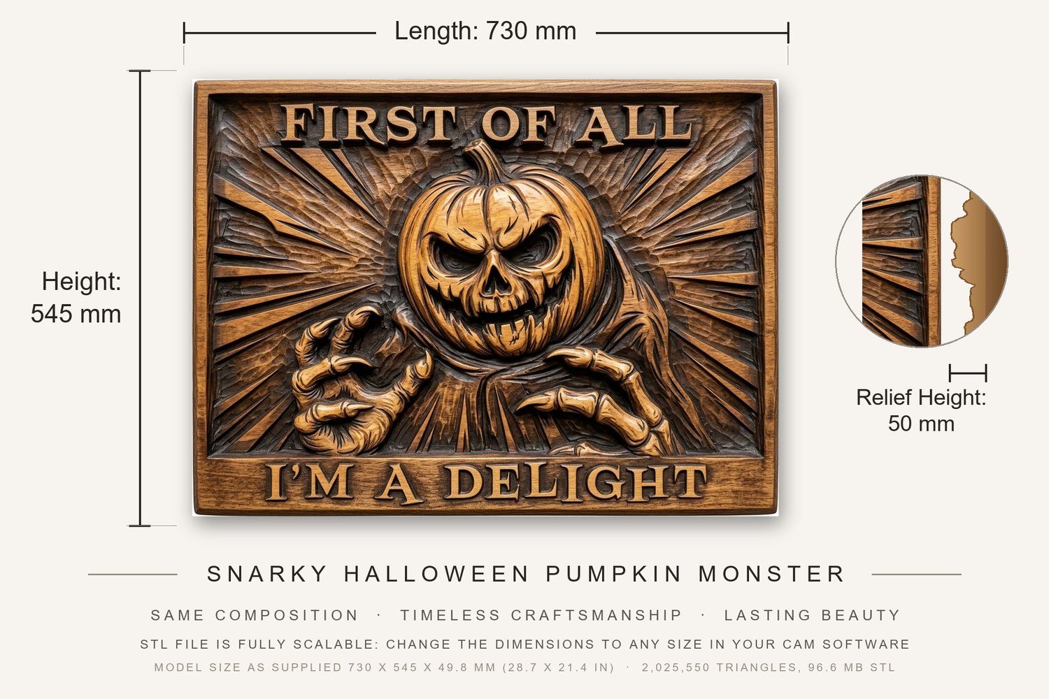 Snarky Halloween Pumpkin Monster CNC Relief STL bas-relief STL — view 3