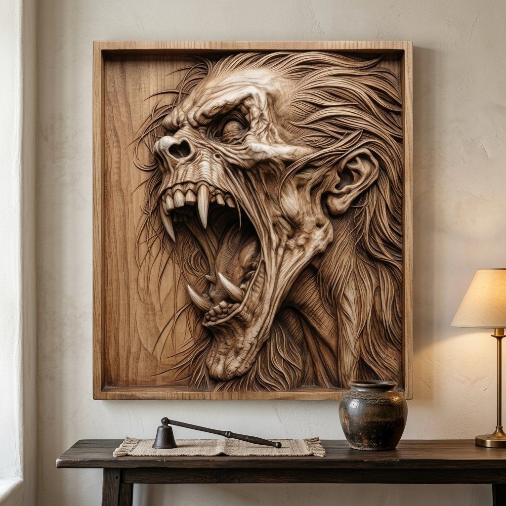 Snarling Werewolf Beast Monster Head CNC Relief STL bas-relief STL — view 5