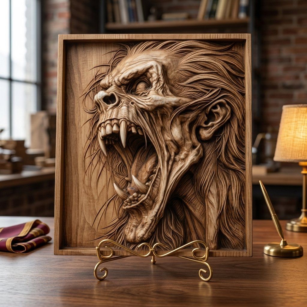 Snarling Werewolf Beast Monster Head CNC Relief STL bas-relief STL — view 6