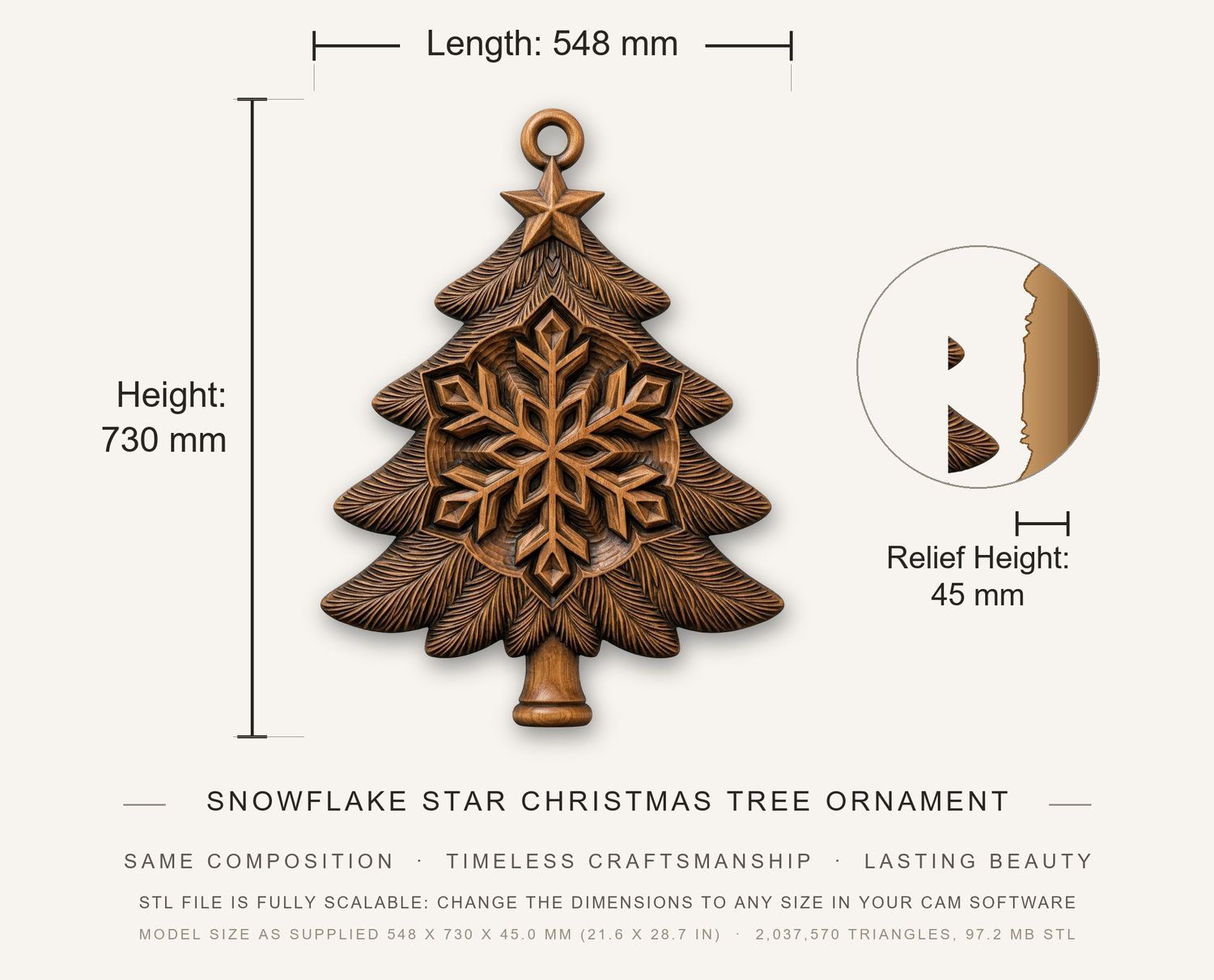Snowflake Star Christmas Tree Ornament CNC Relief STL bas-relief STL — view 3