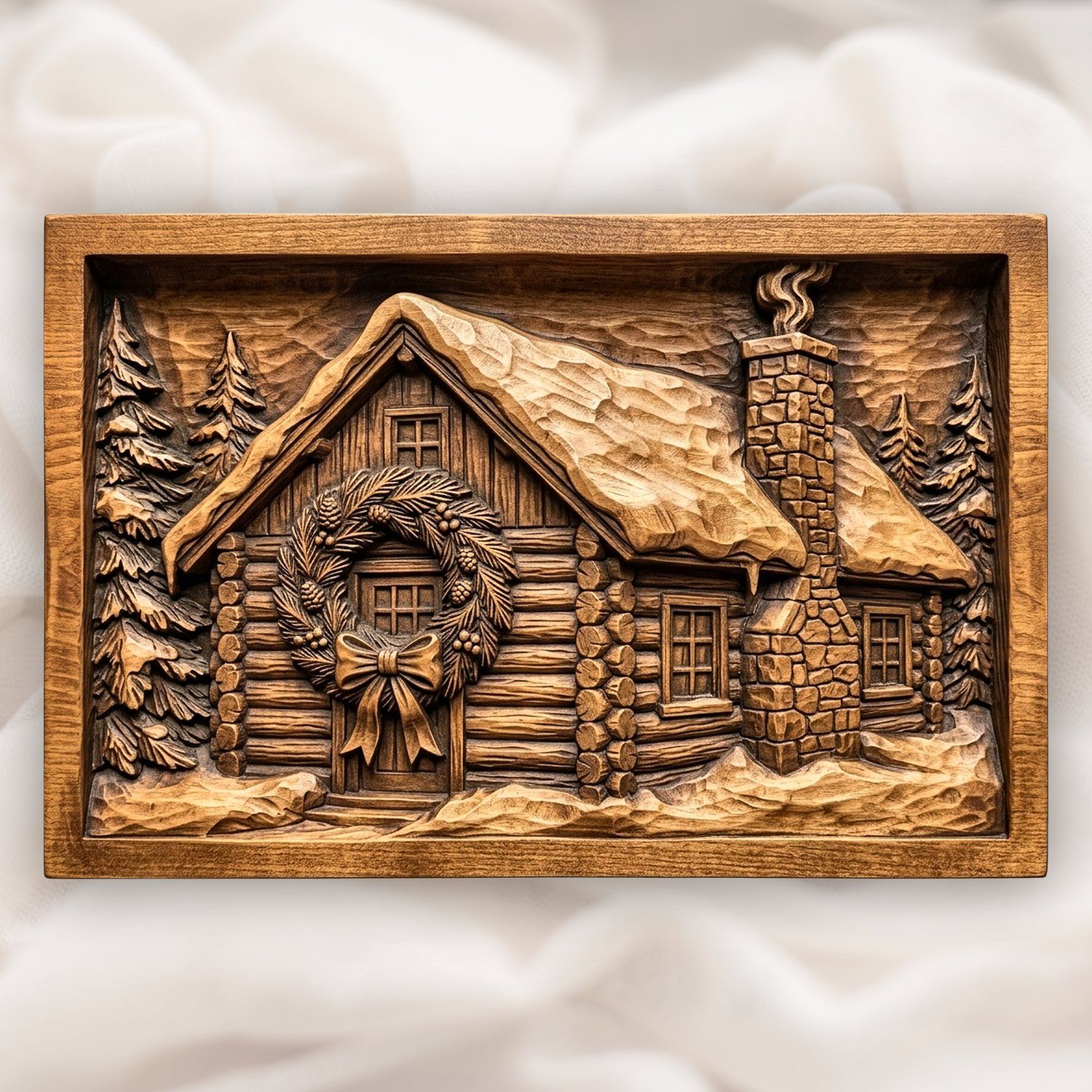 Snowy Winter Log Cabin Christmas Wreath CNC Relief STL | Rustic Mountain Home Wood Carving | Holiday Season Wall Decor Panel — carved bas relief STL file for CNC