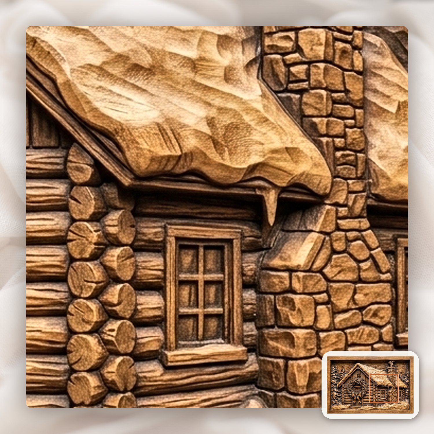 Snowy Winter Log Cabin Christmas Wreath CNC Relief STL bas-relief STL — view 12
