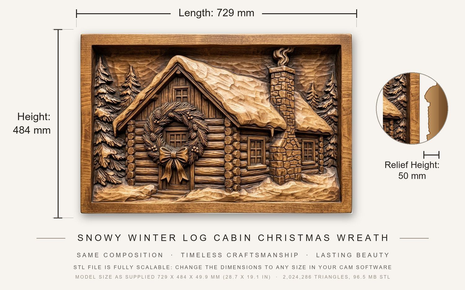 Snowy Winter Log Cabin Christmas Wreath CNC Relief STL bas-relief STL — view 3