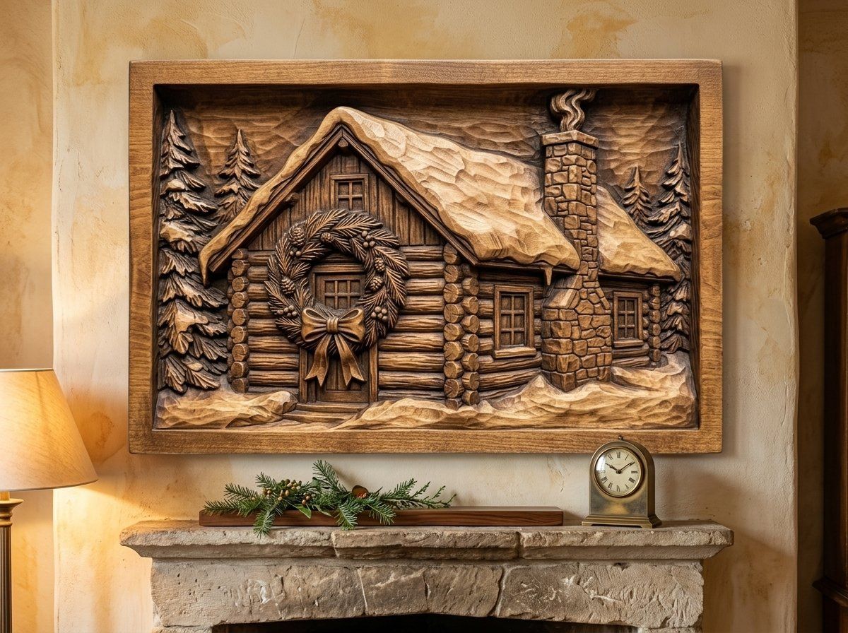 Snowy Winter Log Cabin Christmas Wreath CNC Relief STL bas-relief STL — view 13