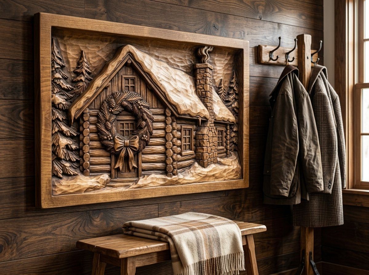 Snowy Winter Log Cabin Christmas Wreath CNC Relief STL bas-relief STL — view 14